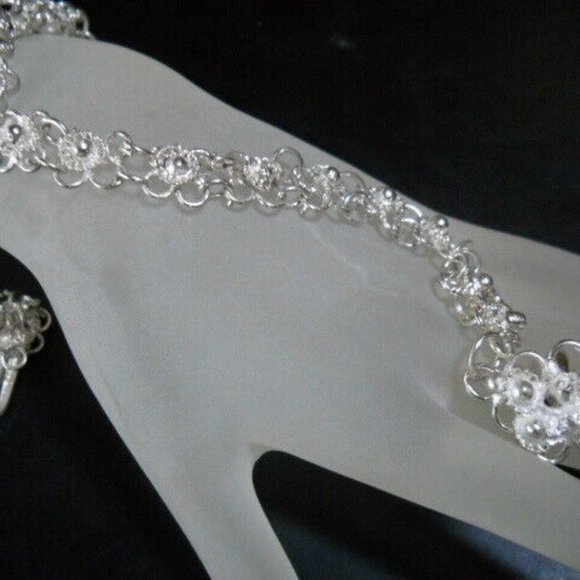 Beautiful Silver Floral Flower Chain Slave Bracelet Adj Ring - Picture 2 of 4